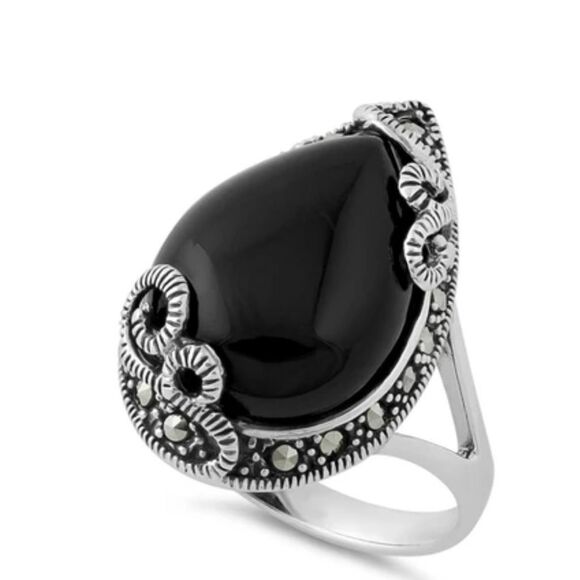Sterling Silver Pear Shape Black Onyx Marcasite Ring New - Picture 1 of 4